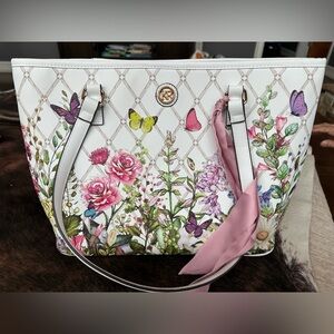 Kim Rogers Floral Saffiano White Tote Bag with Pink Ribbon